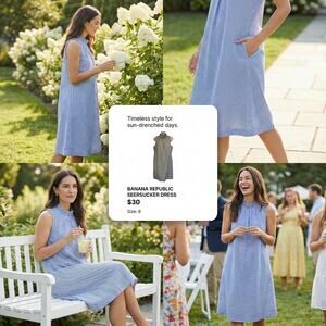 Banana Republic Dress Womens Size 8 Blue Seersucker Sleeveless A-line Pockets